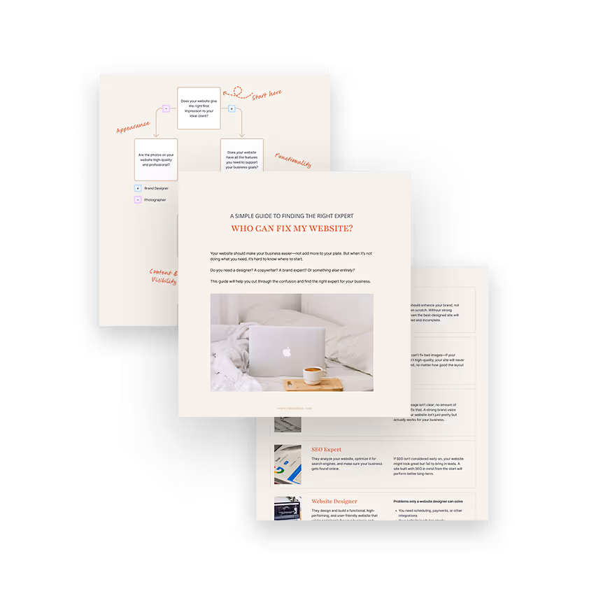 Cover image of a Who Can Fix My Website document with a few inner pages.